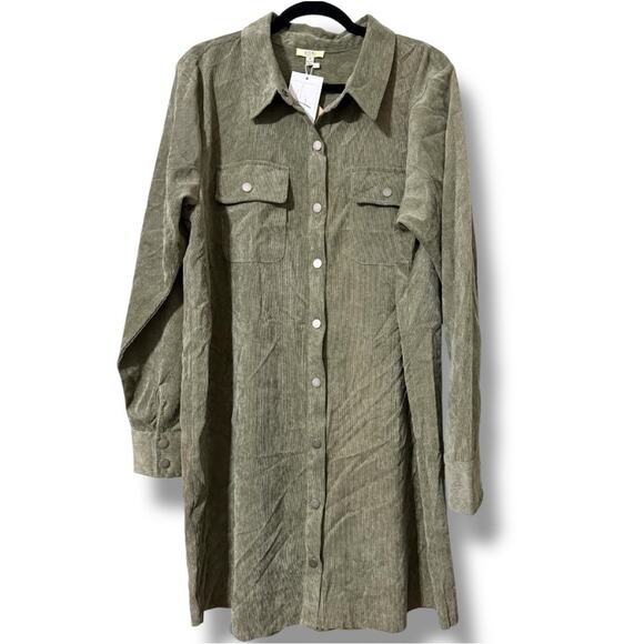 Kori Dresses & Skirts - KORI America women’s size XL olive long sleeve corduroy shirt dress snap front